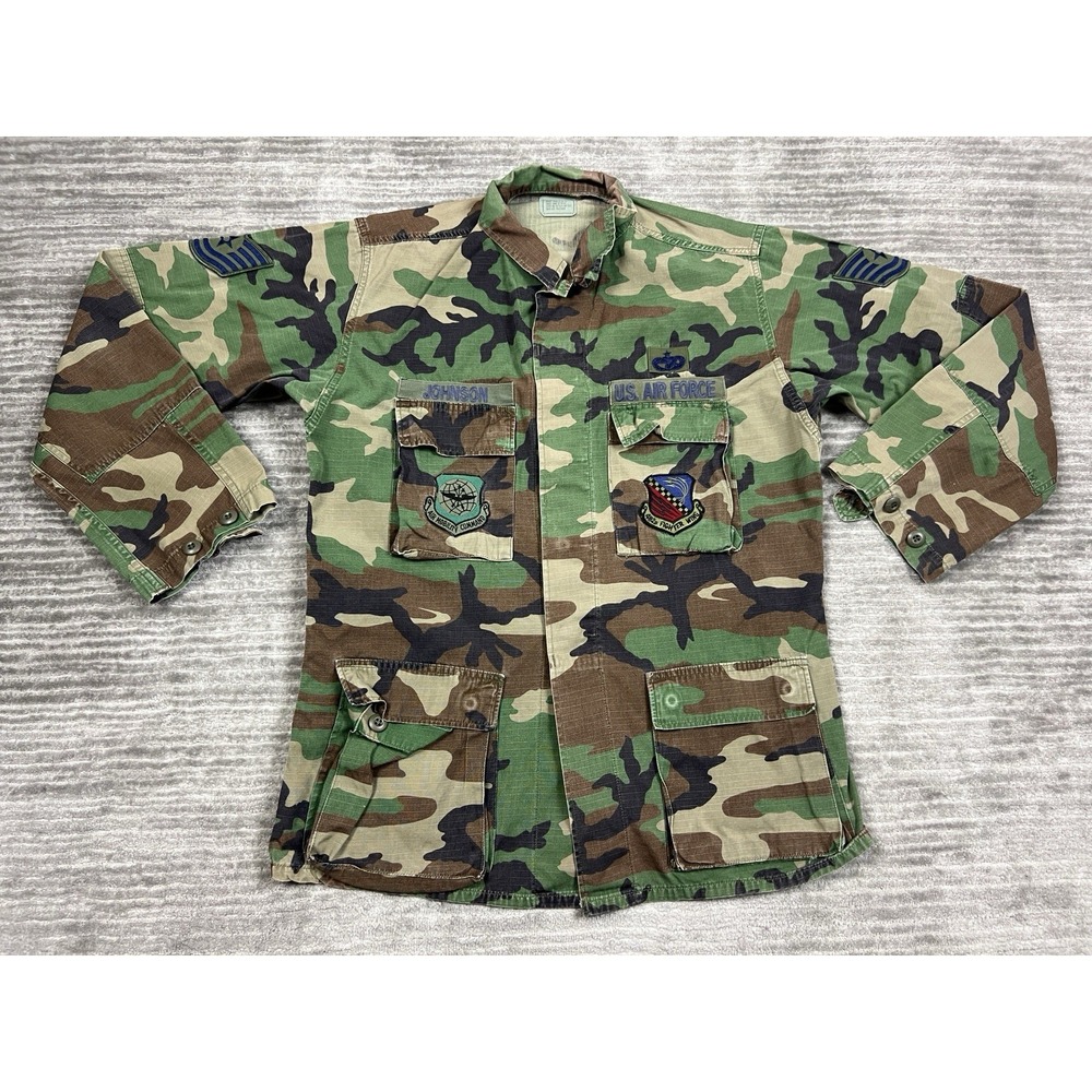Air Force Shirt‎ Mens Medium Long Green Camouflage Button Front Patches Johnson